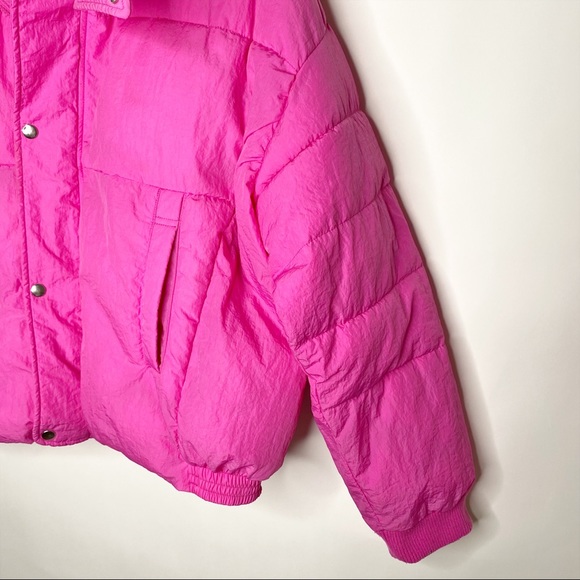 Free People Puffer Jacket Cold Rush Pink Cropped Bright Winter Adjustable Waist - Picture 7 of 16
